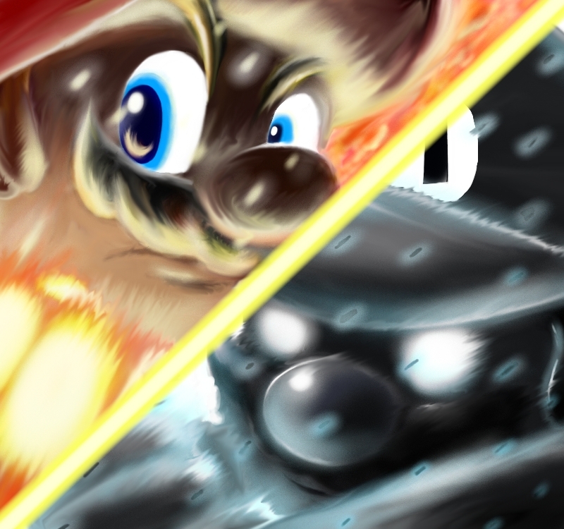 2boys, battle, blue_eyes, brown_hair, facial_hair, fire, glowing, glowing_eyes, hat, male_focus, mario, super_mario_bros., metal_mario, multiple_boys, mustache, nintendo, super_mario_bros., white_eyes