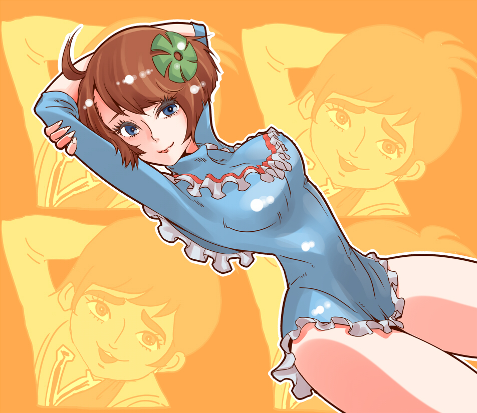 1boy, 1girl, 70s, age_difference, blue_eyes, blush, breasts, brown_hair