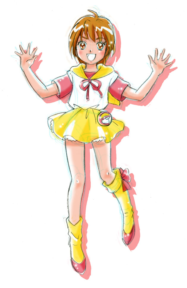 1girl, blush, boots, brown_eyes, brown_hair, cosplay, crossover, daracchimax, eyelashes, futari_wa_precure, futari_wa_precure_max_heart, happy, looking_at_viewer, mahou_no_tenshi_creamy_mami, misumi_nagisa, morisawa_yuu, morisawa_yuu_(cosplay), open_mouth, precure, shirt, short_hair, sketch, skirt, smile, solo, standing, yellow_skirt