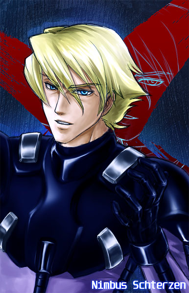 1boy, blonde_hair, blue_eyes, character_name, gundam, gundam_side_story:_the_blue_destiny, male_focus, nimbus_schterzen