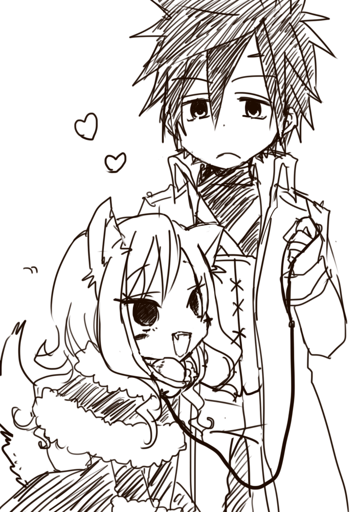 1boy, 1girl, animal_ears, asuta1102, chibi, fairy_tail, fang, gray_fullbuster