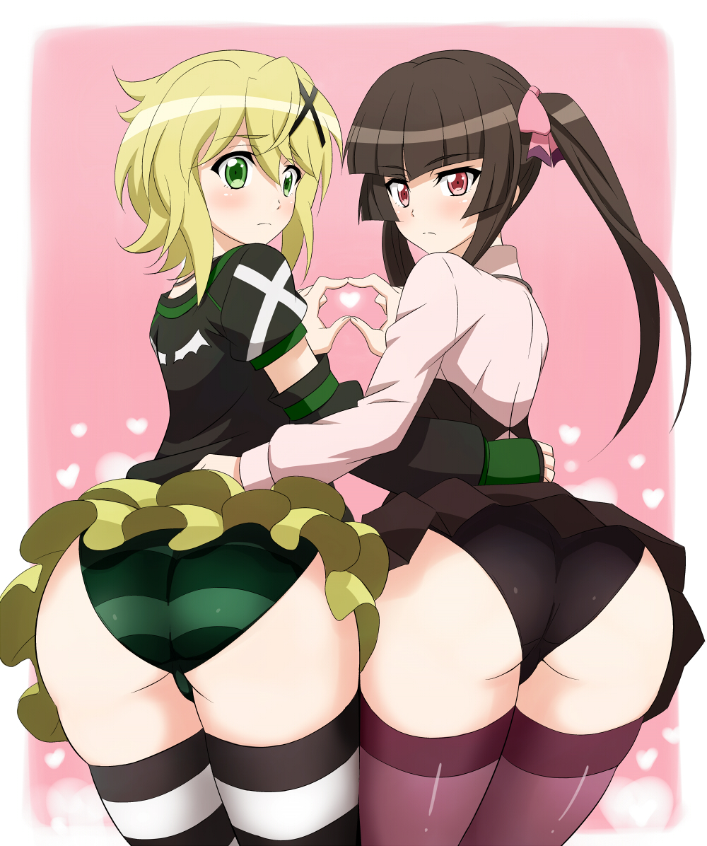 2girls, akatsuki_kirika, ass, black_hair, black_panties, blonde_hair, blush, female, from_behind, green_eyes, hair_ornament, heart, long_hair, looking_at_viewer, looking_back, multiple_girls, panties, pink_eyes, purple_legwear, senki_zesshou_symphogear, skirt, striped, striped_legwear, striped_panties, thigh-highs, tsukuyomi_shirabe, twintails, underwear, upskirt, yanagi_kawa