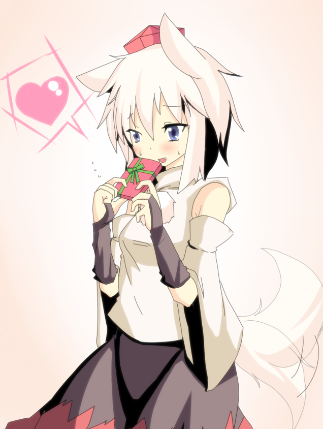 1girl, animal_ears, blue_eyes, blush, detached_sleeves, gloves, heart, inubashiri_momiji