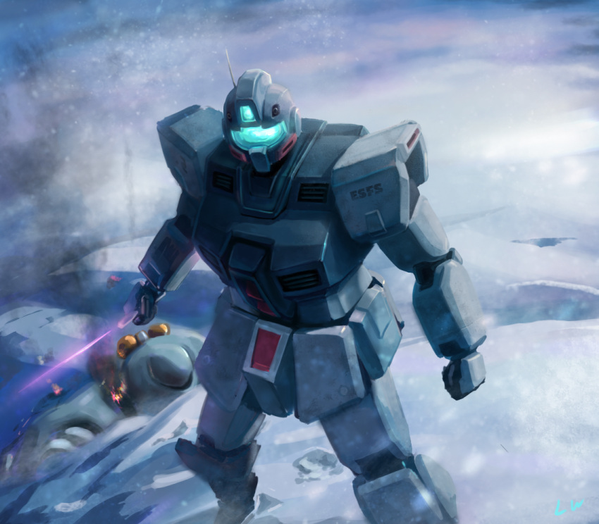 80s, damaged, energy_sword, gm_(mobile_suit), gm_cold_districts_type, gundam, gundam_0080, hygogg, mecha, smoke, snow, sword, weapon, yi_gesang