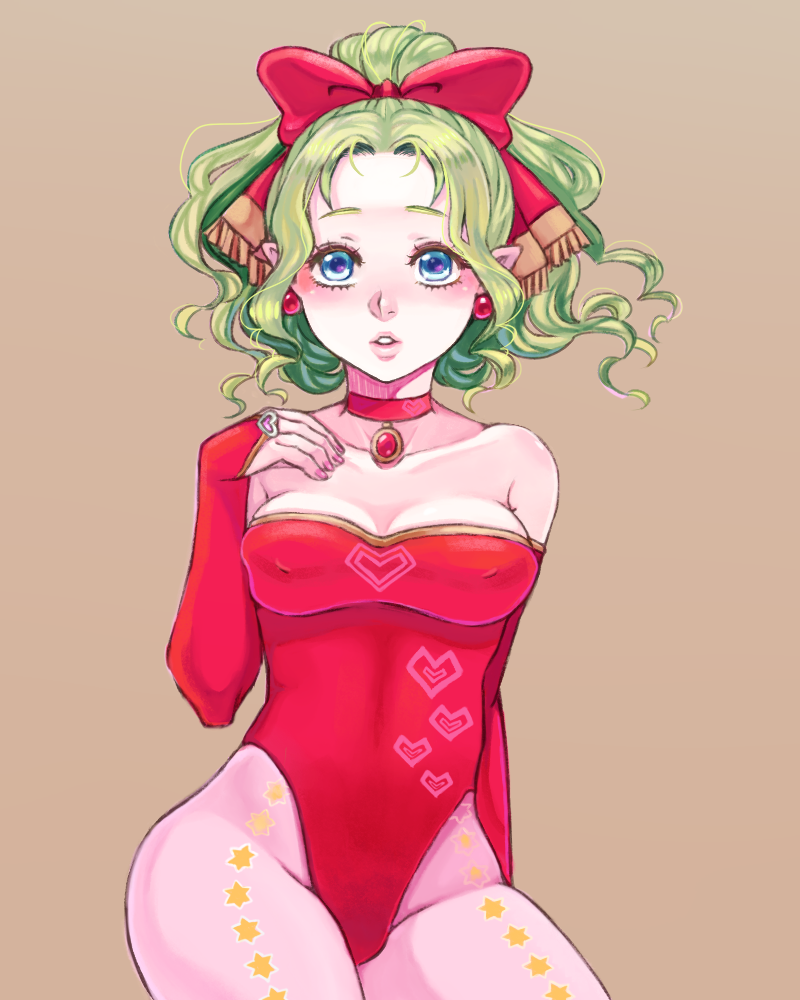 1girl, bare_shoulders, blue_eyes, breasts, choker, cleavage, earrings, final_fantasy, final_fantasy_vi, green_hair, jewelry, jinno_shigure, looking_at_viewer, pointy_ears, ponytail, solo, tina_branford