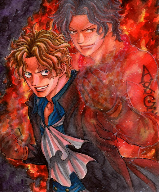 2boys, aki-rose, brothers, dressrosa, fire, ghost, legacy, marker_(medium), memory, multiple_boys, one_piece, portgas_d_ace, sabo_(one_piece), scar, siblings, traditional_media