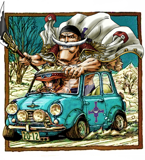2boys, bandanna, car, edward_newgate, ground_vehicle, halberd, hat, jolly_roger