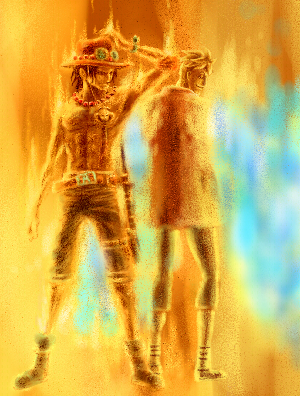 2boys, back-to-back, blonde_hair, blue_fire, capri_pants, fiery_wings, fire, hand_on_headwear