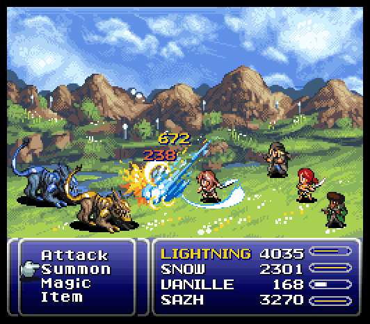 fake_screenshot, final_fantasy, final_fantasy_xiii, gameplay_mechanics, junkboy, lightning_farron, oerba_dia_vanille, pixel_art