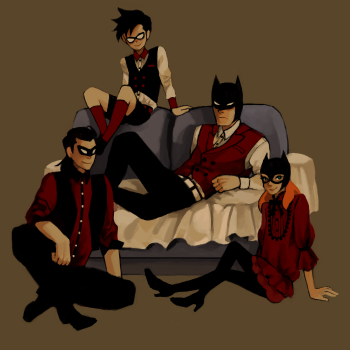 1girl, 3boys, alternate_costume, barbara_gordon, batgirl, batman, batman_(series), black_hair