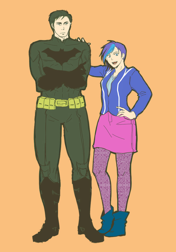 1boy, 1girl, asymmetrical_hair, batman, batman_(series), bruce_wayne, dc_comics, harper_row, patterned_legwear, purple_hair, side_shave, standing