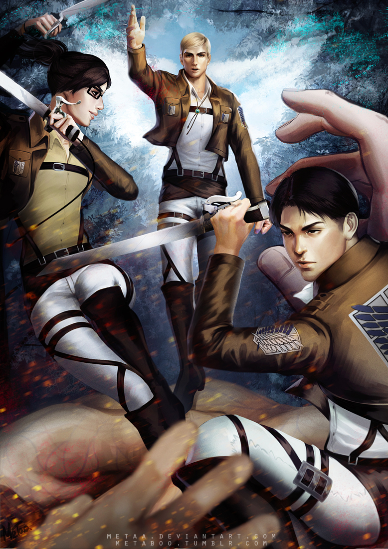 1girl, 2boys, belt, blonde_hair, bolo_tie, boots, crop_top, glasses, hange_zoe, jacket, jean_kirchstein, metaa, multiple_boys, ponytail, shingeki_no_kyojin, suspenders, thigh_strap, uniform, weapon