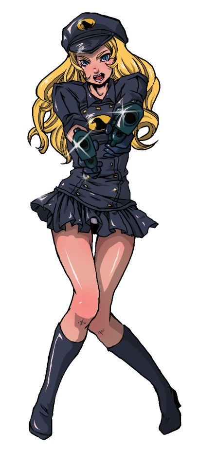 1girl, blonde_hair, dc_comics, double-breasted, dual_wielding, gun, hat, kikisuke_t, lady_blackhawk, peaked_cap, skirt, solo, weapon