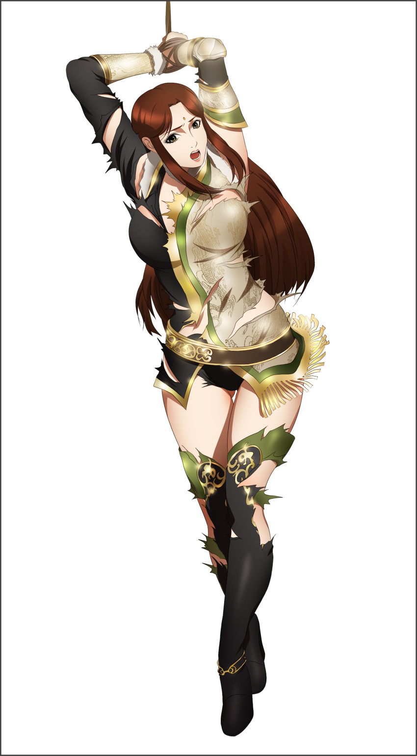 1girl, arms_up, black_eyes, breasts, brown_hair, facial_mark, highres, large_breasts