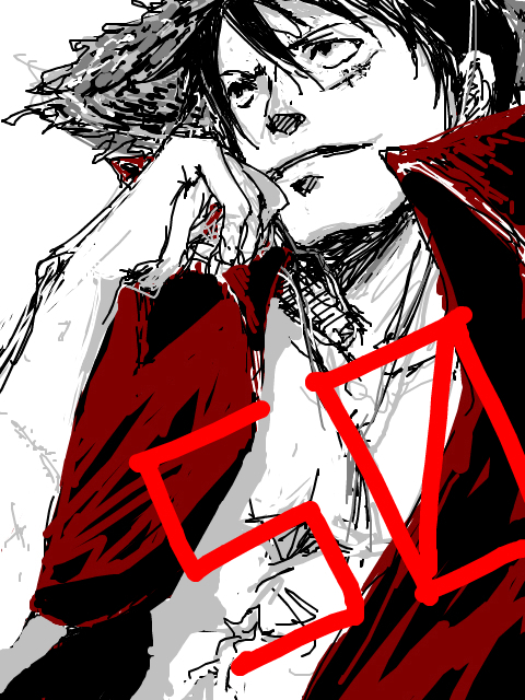 1boy, hat, jacket, monkey_d_luffy, nude_jacket, one_piece, open_clothes, open_shirt, shirt, solo, straw_hat, tegaki