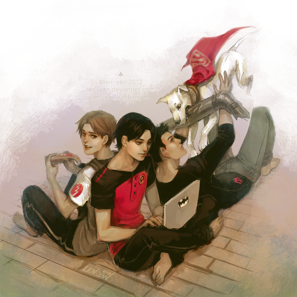3boys, back-to-back, barefoot, bart_allen, bat_(symbol), black_hair, blue_eyes, brown_hair