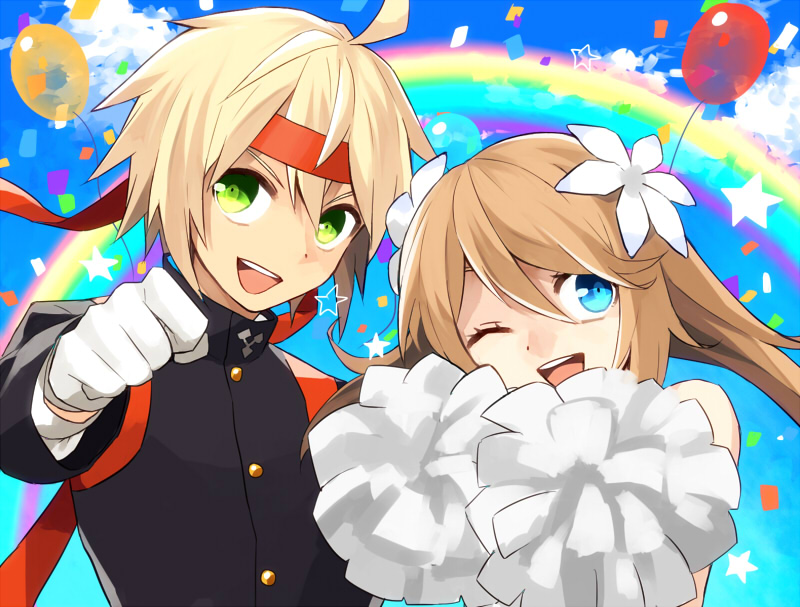 1boy, 1girl, amarisu, blonde_hair, blue_eyes, brown_hair, cheerleader, couple