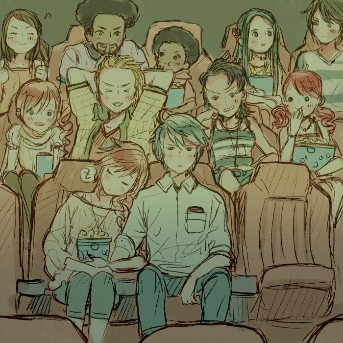 >_<, 5boys, 6+girls, afro, armchair, chair, chocolina, closed_eyes