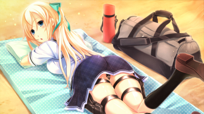 1girl, anya_(sougeki_no_jaeger), black_legwear, blonde_hair, blue_eyes, chuuou_higashiguchi, female, game_cg, long_hair, looking_at_viewer, open_mouth, pillow, school_uniform, serafuku, socks, solo, sougeki_no_jaeger, straight_hair