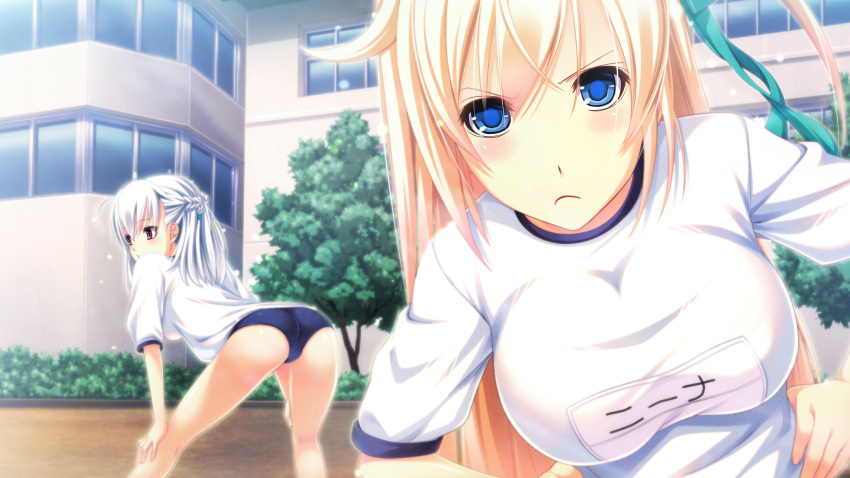 2girls, anya_(sougeki_no_jaeger), blonde_hair, blue_eyes, blush, buruma, chuuou_higashiguchi, female, frown, game_cg, hands_on_hips, long_hair, looking_at_viewer, morino_kaho, multiple_girls, sougeki_no_jaeger, underwear, violet_eyes, white_hair