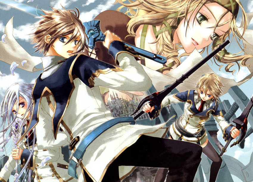 blue_eyes, brown_hair, chrome_shelled_regios, dual_wielding, felli_loss, flying_paper, green_eyes, hair_ribbon