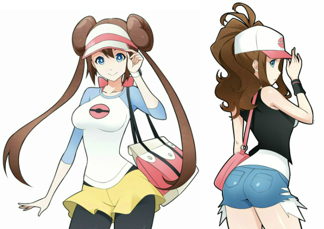 10s, ass, bare_shoulders, baseball_cap, blue_eyes, breasts, brown_hair, collarbone, denim, denim_shorts, hat, large_breasts, mei_(pokemon), pantyhose, pokemon, pokemon_(game), pokemon_bw, pokemon_bw2, ponytail, shorts, touko_(pokemon), vest, wristband, x-teal2