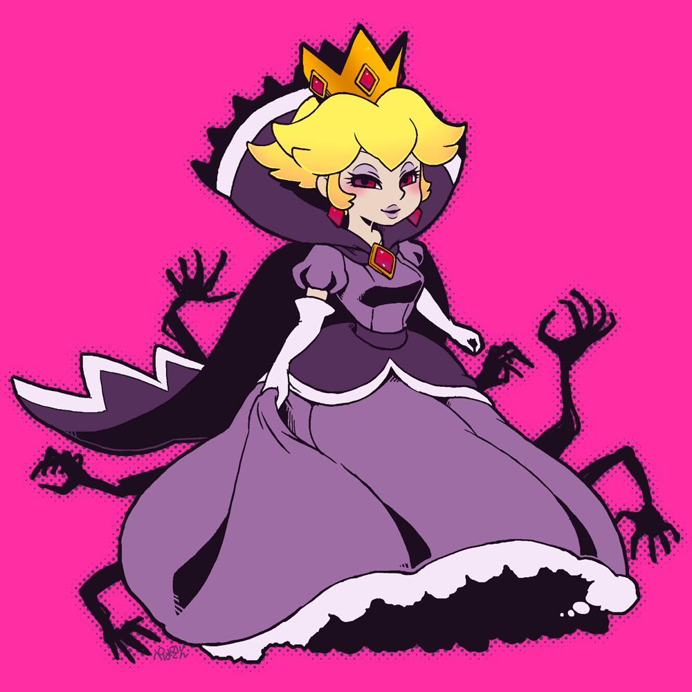 1girl, alternate_form, alternate_hairstyle, blonde_hair, crown, dark_persona, dress, dress_pull