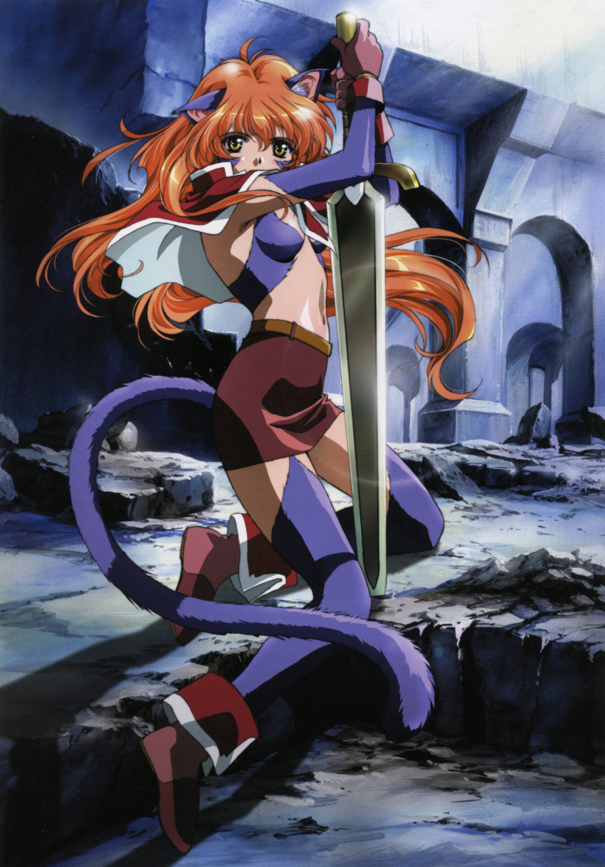 1girl, absurdres, animal_ears, artbook, boots, cat_ears, cat_tail, fur, gloves, highres, kneeling, long_hair, long_legs, nina_(words_worth), orange_hair, rin-sin, scan, solo, sword, tail, weapon, words_worth, yellow_eyes