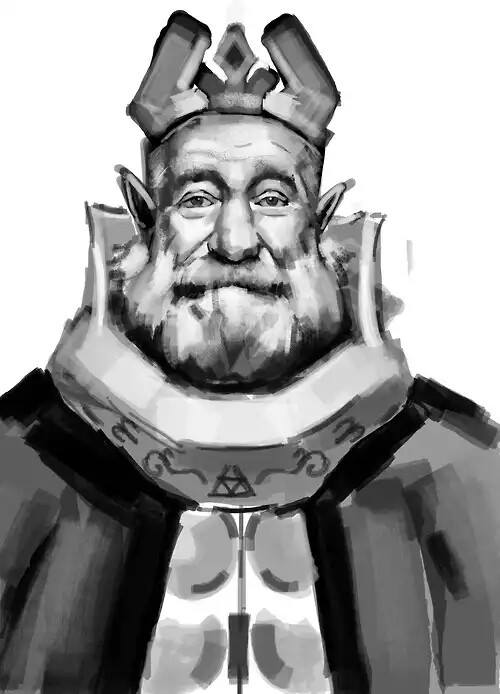 1boy, beard, crown, facial_hair, king, looking_at_viewer, male_focus, monochrome, oscar_joyo, pointy_ears, resized, robin_williams, solo, the_legend_of_zelda, the_legend_of_zelda:_the_wind_waker