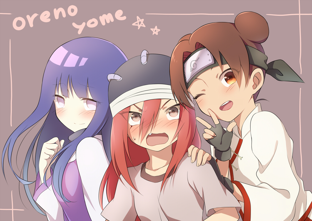 3girls, bitou, blush, brown_hair, chinese_clothes, double_bun, fang, female, fingerless_gloves, gloves, hat, headband, hyuuga_hinata, long_hair, looking_at_viewer, multiple_girls, naruto, pink_hair, purple_hair, tayuya, tenten, v