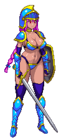 animated, animated_gif, armor, bouncing_breasts, breasts, chijoku_no_troll_busters, cleavage, dark_skin, gloves, knight, large_breasts, lowres, pixel_art, purple_hair, red-p, red_eyes, shield, sword, warrior, weapon