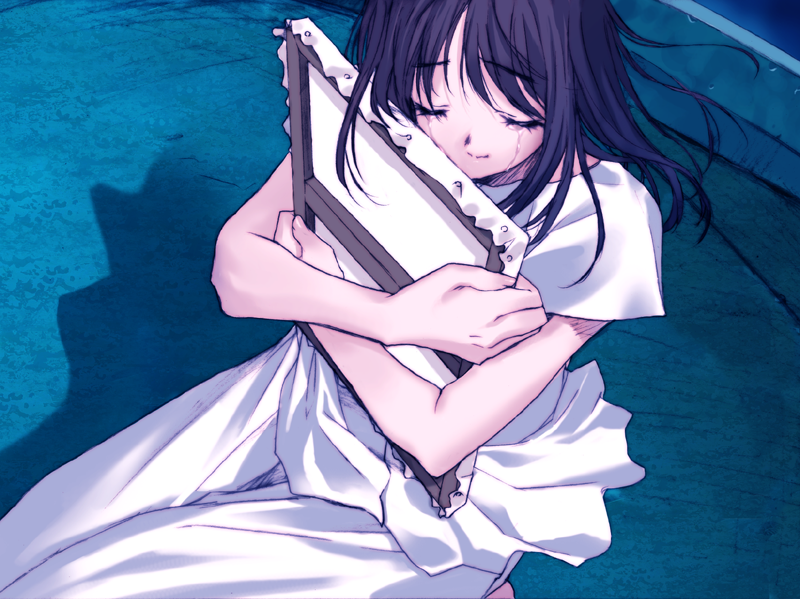 1girl, black_hair, closed_eyes, dress, fan-na, game_cg, hug, konsu_konsuke