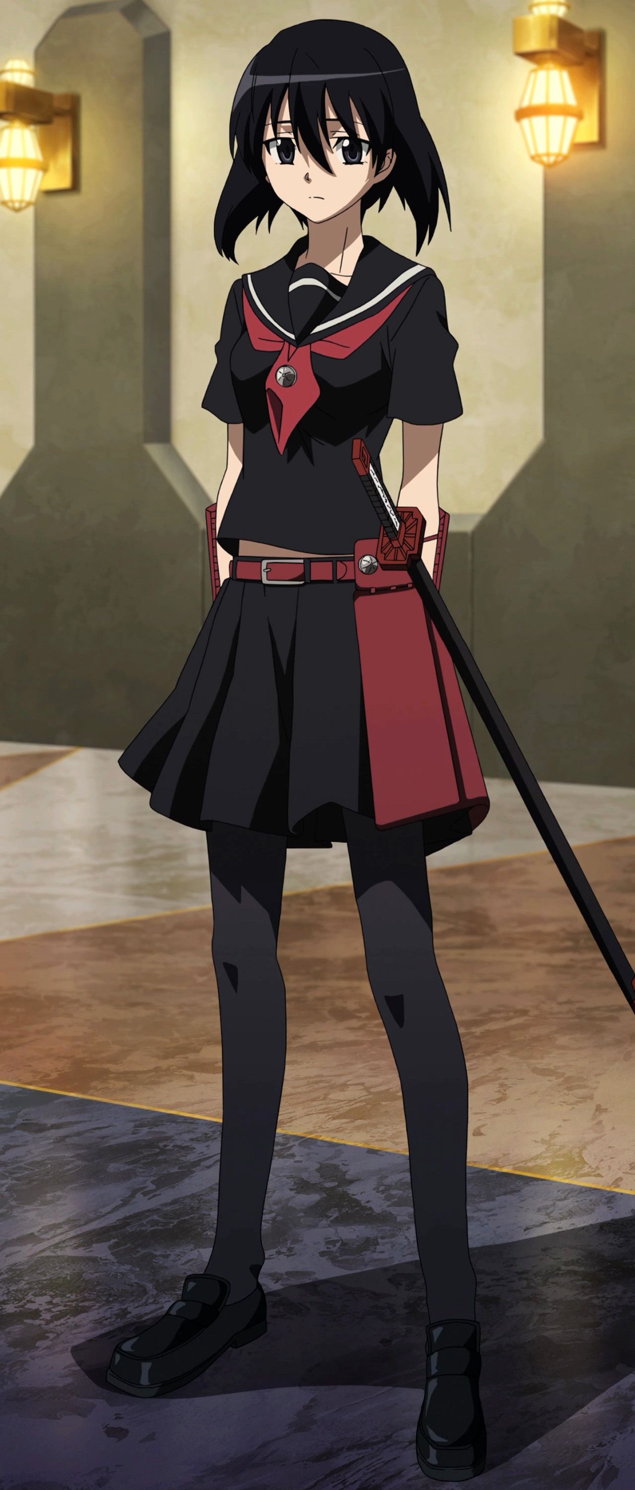 1girl, akame_ga_kill!, black_hair, kurome_(akame_ga_kill!), screencap, short_hair, skirt, solo