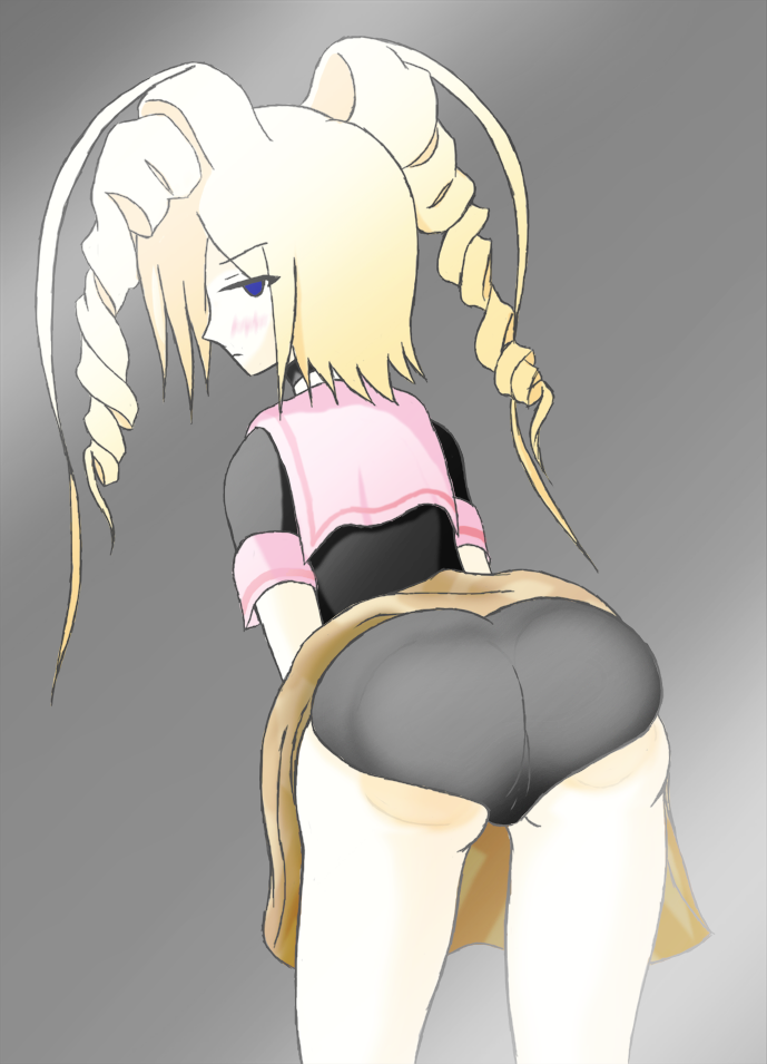 1girl, against_glass, against_screen, artist_request, ass, ass_press, black_panties, blonde_hair, blue_eyes, blush, dance_dance_revolution, drill_hair, expressionless, from_behind, looking_back, panties, pantyshot, school_uniform, serafuku, skirt, skirt_flip, twin_drills, twintails, underwear, upskirt, yuni_(dance_dance_revolution)
