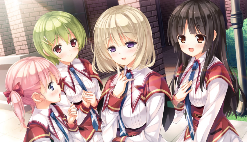 4girls, ashishun, black_hair, blonde_hair, blue_eyes, blush, breasts, brown_eyes