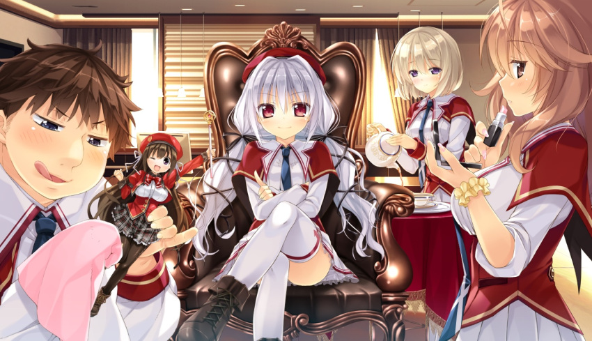 3girls, ashishun, blonde_hair, breasts, brown_hair, chair, crossed_arms, doll