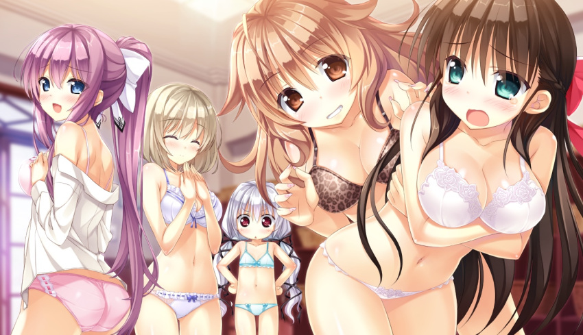 5girls, ashishun, ass, blonde_hair, blue_eyes, blush, bra, breasts