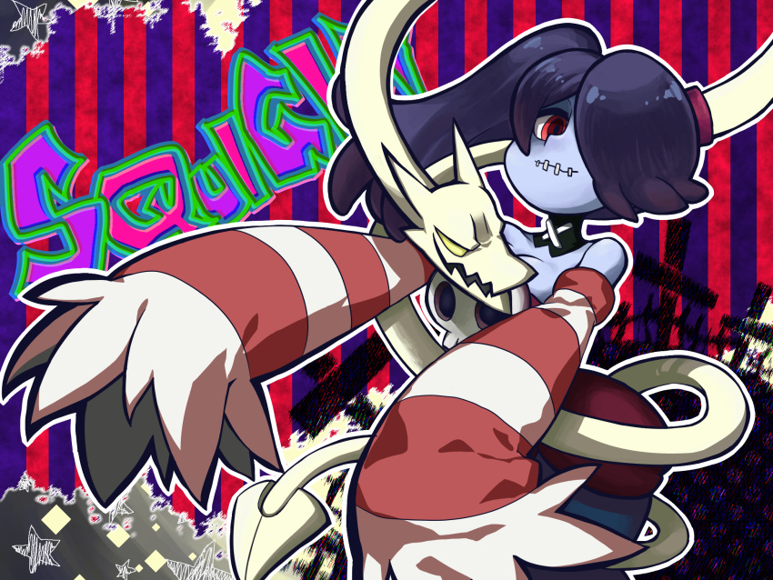 1girl, bare_shoulders, blue_skin, detached_collar, detached_sleeves, hair_over_one_eye, highres, leviathan_(skullgirls), looking_at_viewer, nika_(happyakuman), red_eyes, skullgirls, smile, squigly_(skullgirls), stitched_mouth, striped_sleeves, zombie
