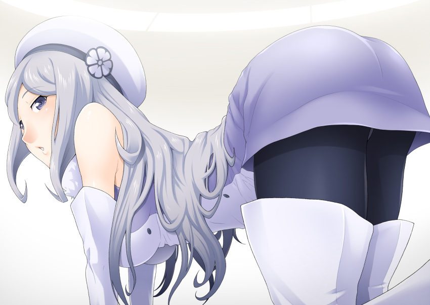 1girl, aila_jyrkiainen, all_fours, ass, bare_shoulders, blush, boots, breasts, dress, elbow_gloves, gloves, gundam, gundam_build_fighters, hat, highres, hornet_(artist), large_breasts, legs, long_hair, looking_back, simple_background, solo, thigh-highs, thigh_boots, thighs, violet_eyes, white_hair
