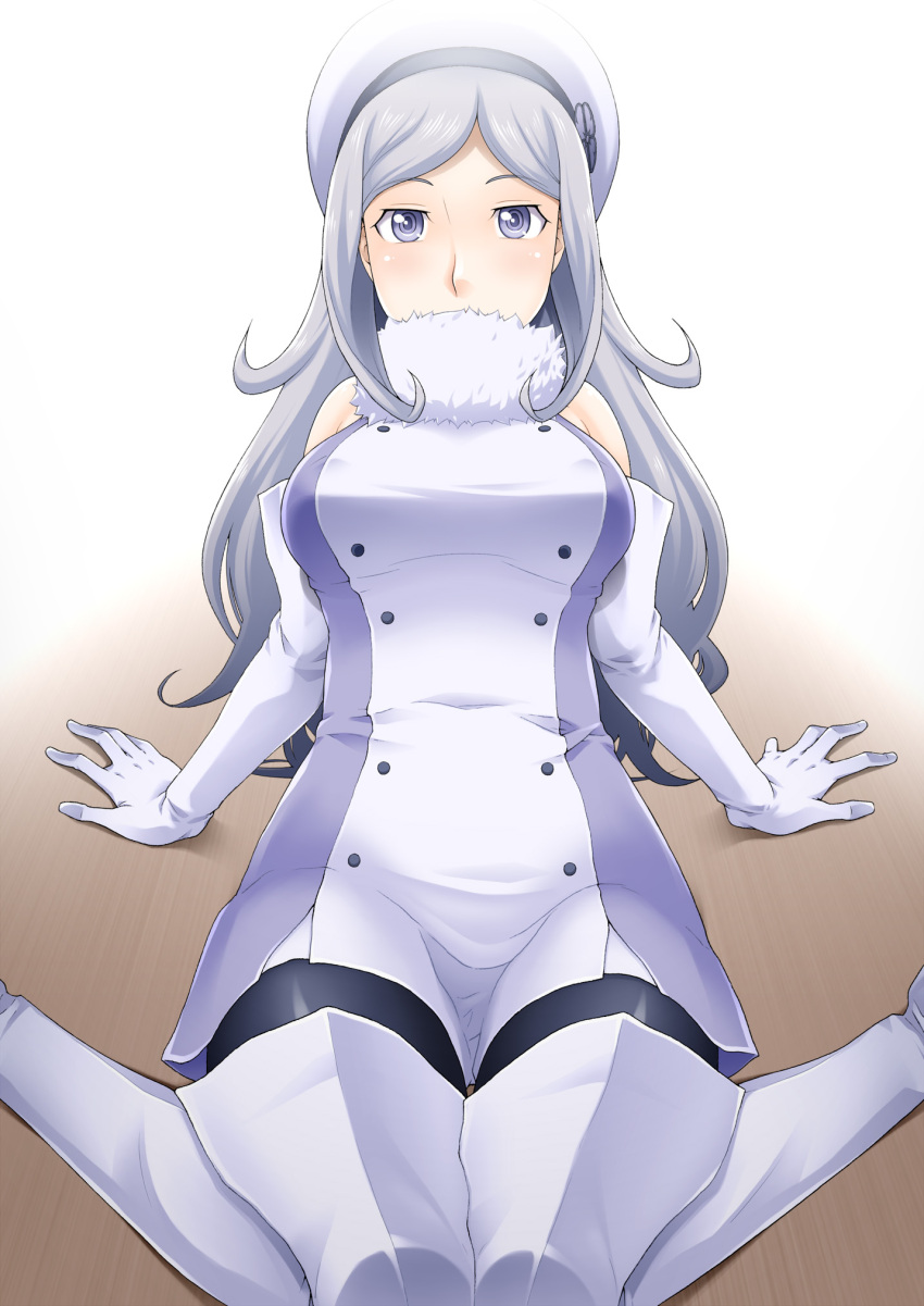 1girl, aila_jyrkiainen, bare_shoulders, blush, boots, breasts, dress, elbow_gloves, gloves, gundam, gundam_build_fighters, hat, highres, hornet_(artist), large_breasts, legs, long_hair, looking_at_viewer, simple_background, sitting, solo, thigh-highs, thigh_boots, thighs, violet_eyes, white_hair