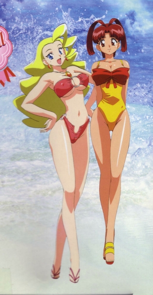 2girls, 90s, beach, bikini, blonde_hair, breasts, large_breasts, long_hair