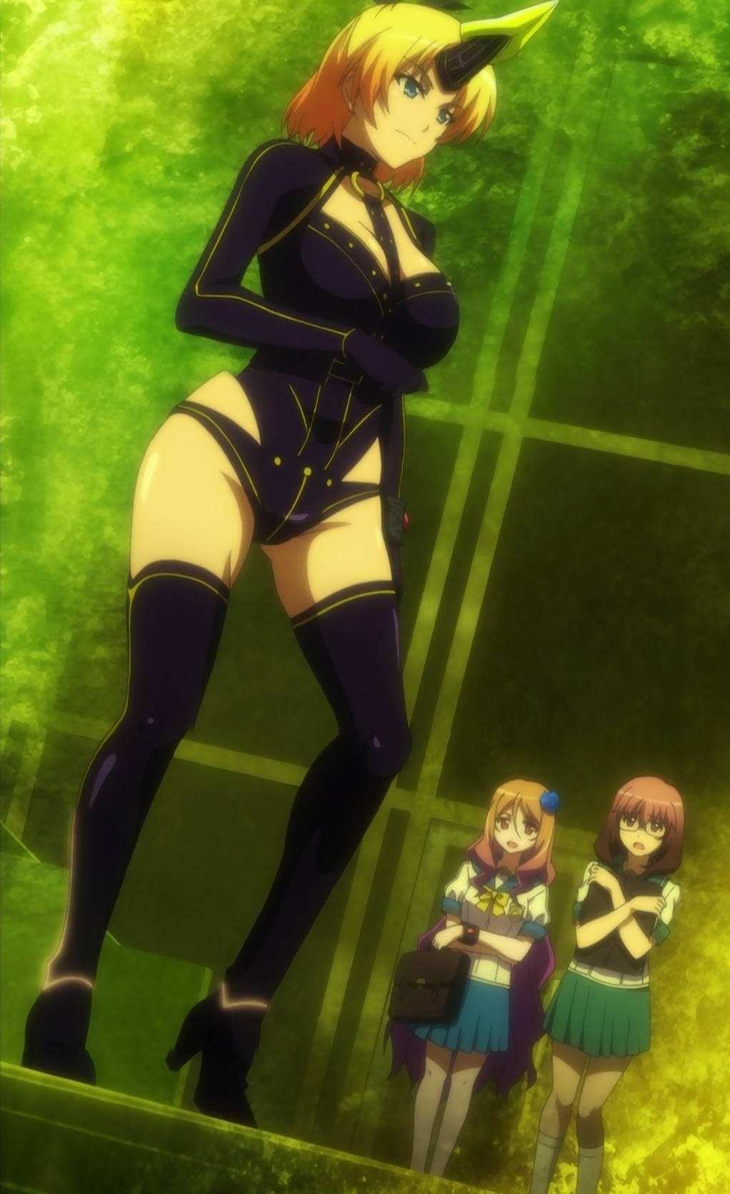 3girls, bag, blonde_hair, blue_eyes, bodysuit, bookbag, bow, breasts