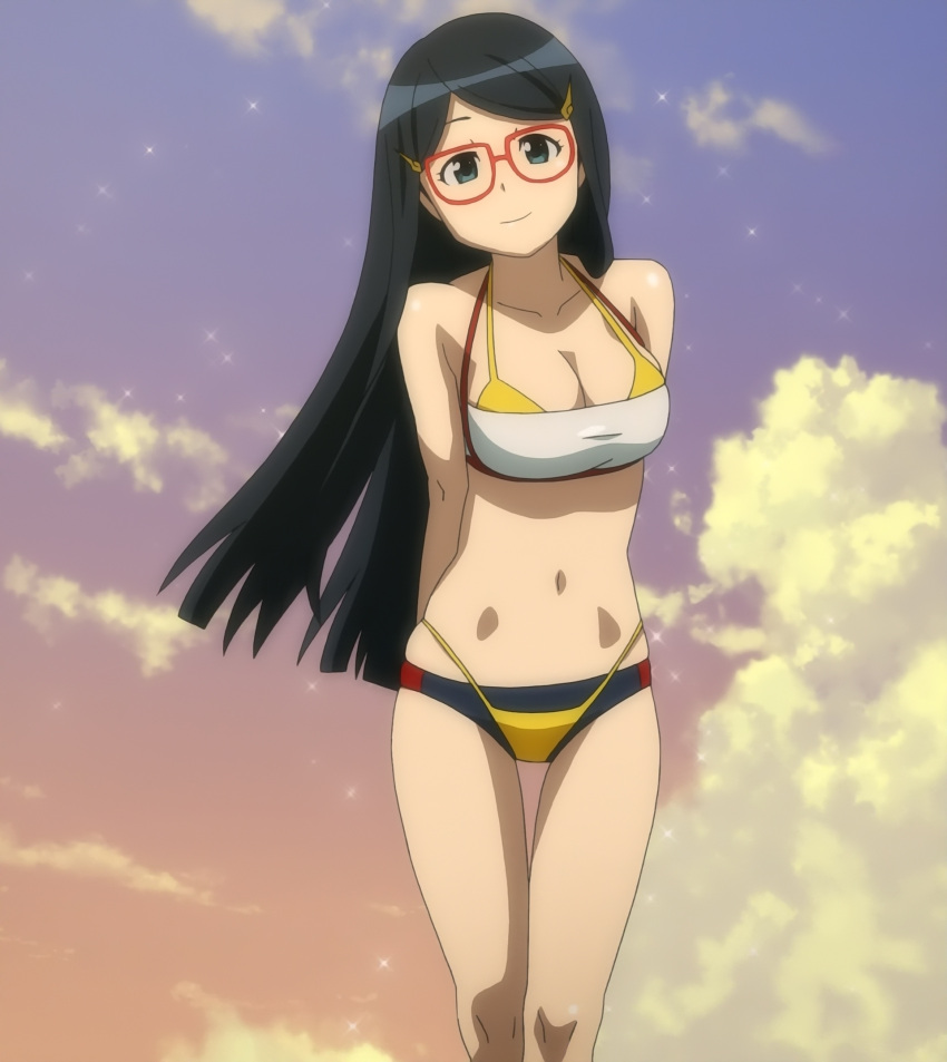 1girl, a-1_pictures, arms_behind_back, bikini, black_eyes, black_hair, breasts, chousoku_henkei_gyrozetter