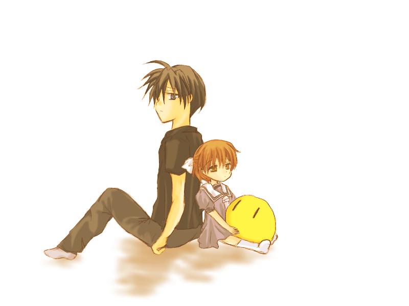 back_to_back, bad_id, brown_eyes, brown_hair, clannad, dango, dango_daikazoku, dress