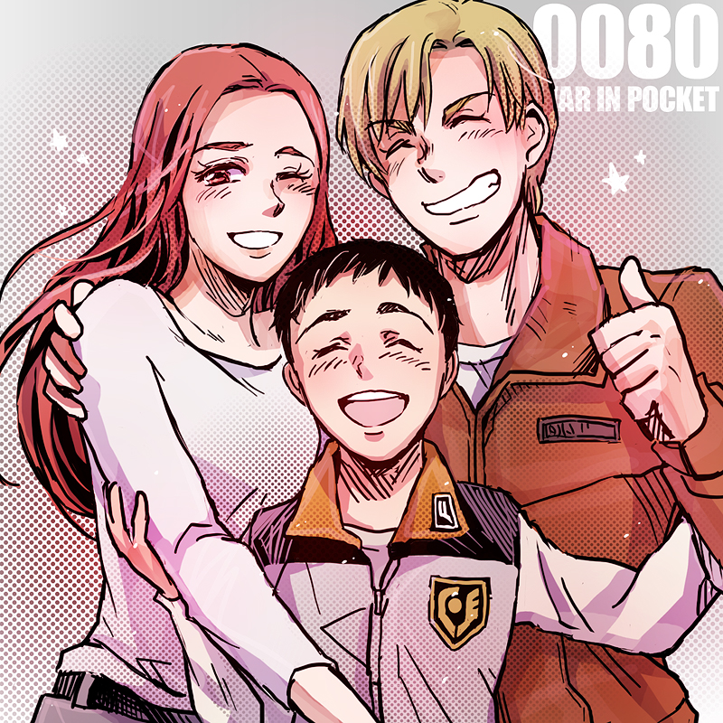 1girl, 2boys, 80s, :d, alfred_izuruha, bernard_wiseman, black_hair, blonde_hair