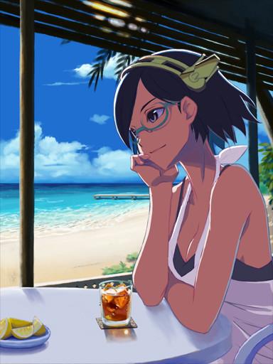 6+girls, animated, animated_png, beach, black_hair, breasts, casual, cleavage