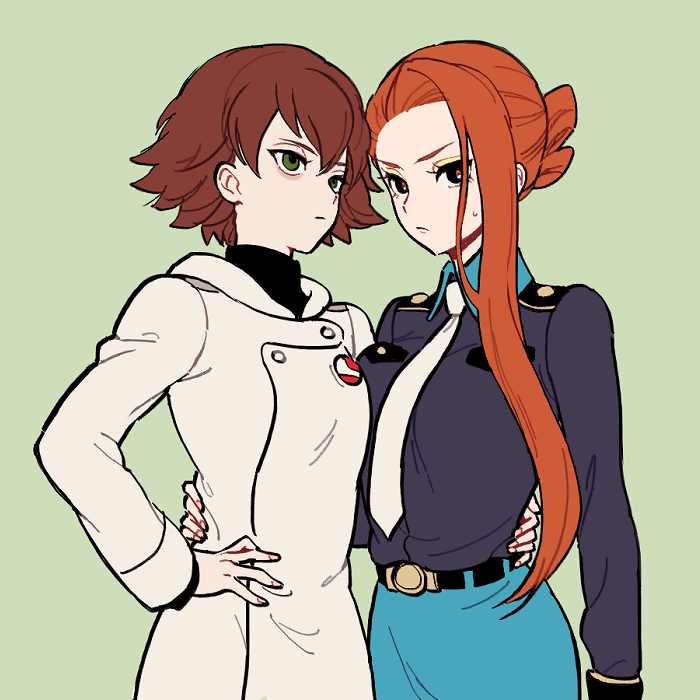 2girls, belt, brown_hair, closed_mouth, coat, danball_senki_wars, female, green_background