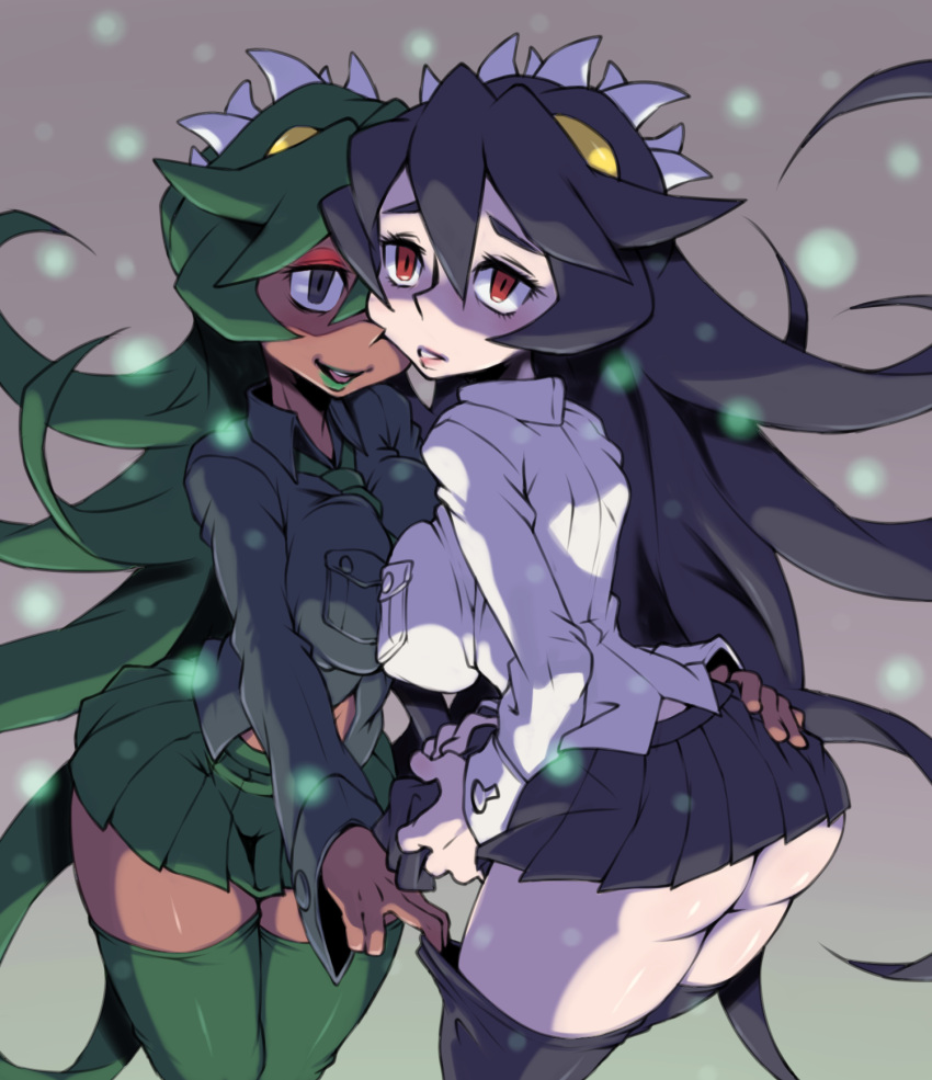 2girls, ass, between_breasts, black_hair, black_legwear, breast_pocket, breast_press, breasts, brown_eyes, clone, dark_persona, dark_skin, extra_mouth, eyeshadow, female, filia_(skullgirls), fukua_(skullgirls), futakuchi-onna, green_hair, green_legwear, green_lipstick, grey_eyes, hand_on_ass, highres, large_breasts, lips, lipstick, living_hair, long_hair, looking_at_viewer, makeup, miniskirt, moyoosu, multiple_girls, necktie, necktie_between_breasts, one_eye_closed, open_mouth, parasite, parted_lips, pleated_skirt, prehensile_hair, red_eyes, samson_(skullgirls), school_uniform, selfcest, shamone_(skullgirls), sharp_teeth, shirt_pocket, skirt, skullgirls, smirk, symmetrical_docking, teeth, tentacle_hair, thick_thighs, thigh-highs, thighhighs_pull, thighs, wide_hips, yellow_eyes, yellow_sclera, zettai_ryouiki