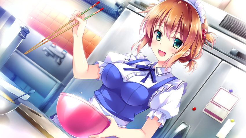 1girl, blush, breasts, brown_hair, chopsticks, cooking, game_cg, golden_marriage