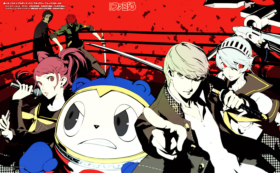 2girls, 3boys, adachi_tooru, android, atlus, blue_hair, boxing_ring, brown_hair